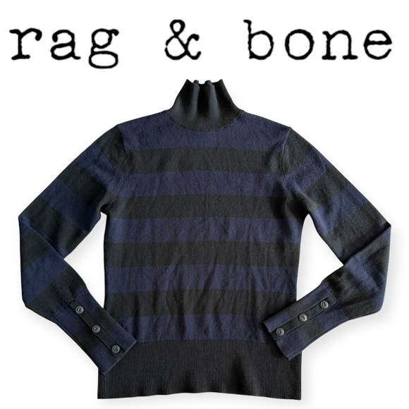 Rag & Bone Navy Black Striped Cashmere Wool Blend Mock Neck Turtleneck Sweater S - Picture 3 of 15